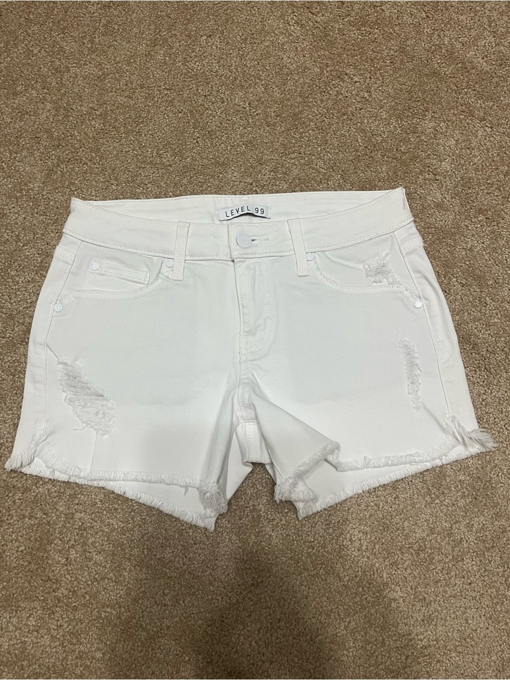 Level 99 White Frayed Hem Denim Shorts